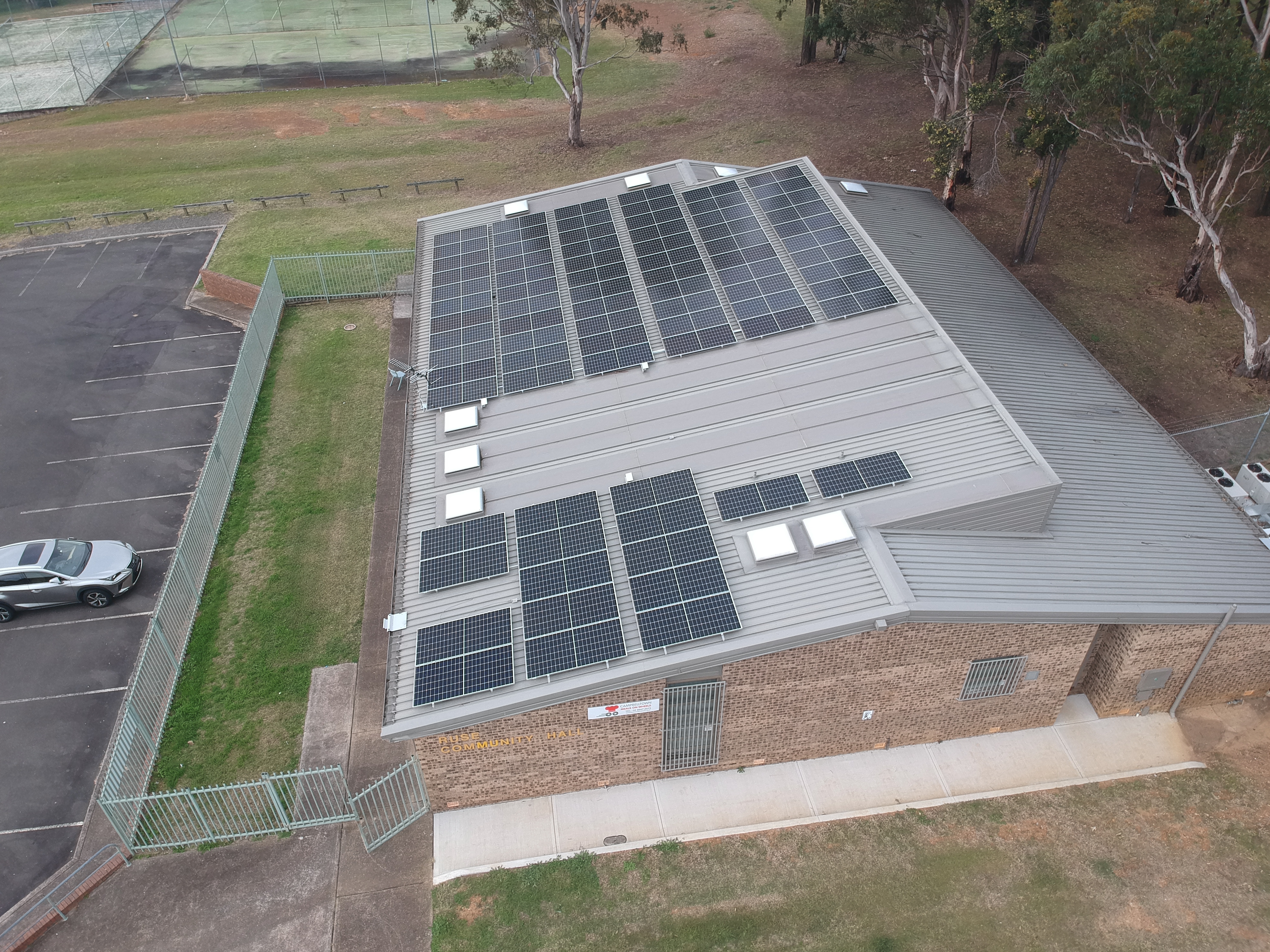 image of campbelltown ruse community hall with solar panel installation