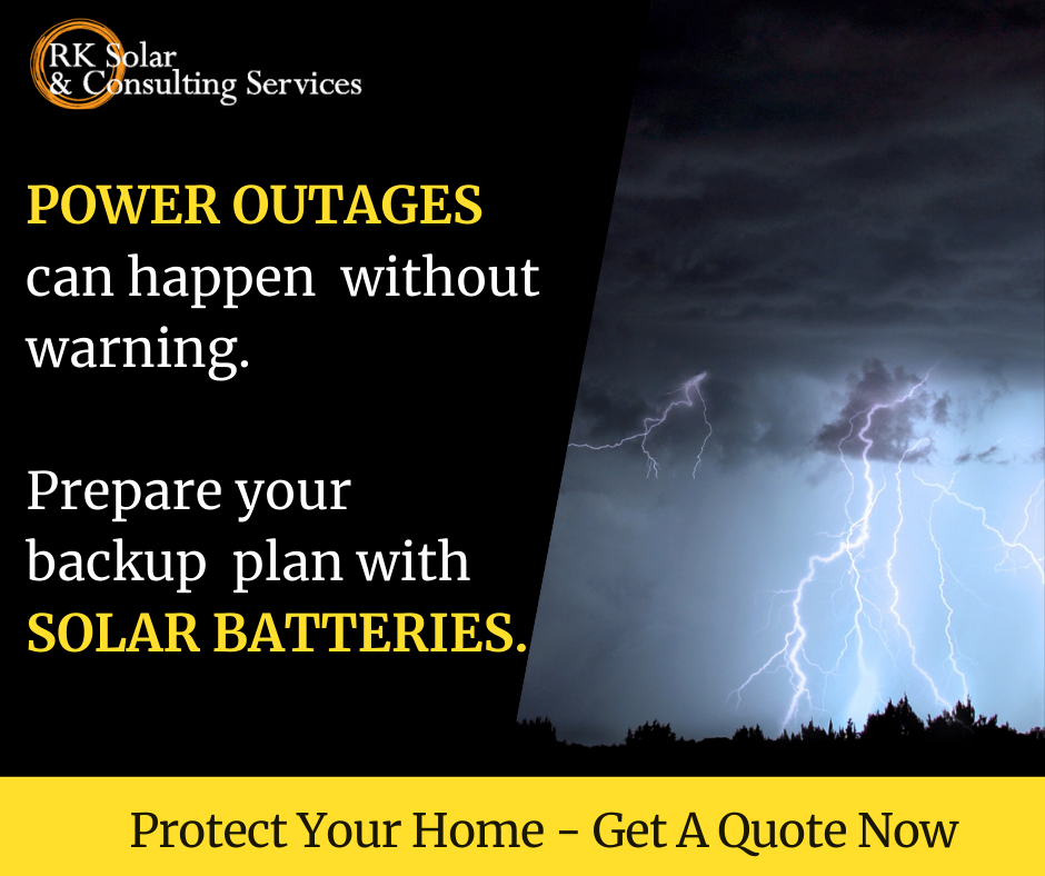 picture of lightning storm with text that says power outages can happen without warning, so use solar batteries for an emergency backup plan